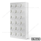 White steel locker cabinet with fifteen individual lockable compartments for office or school storage.