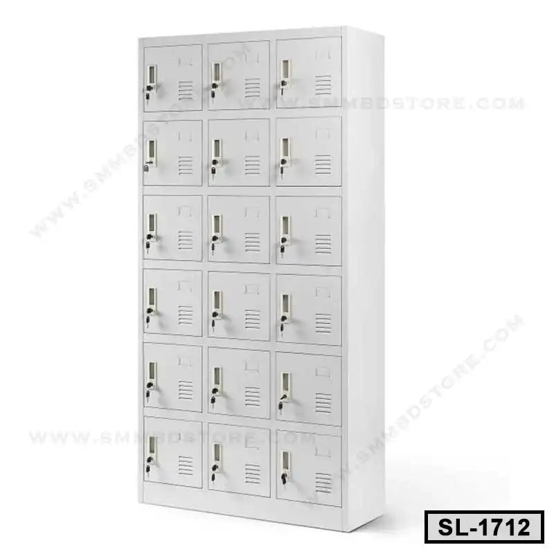 White steel locker cabinet with fifteen individual lockable compartments for office or school storage.
