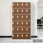 Brown steel office locker cabinet with multiple lockable compartments in a modern office setting