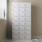 Steel locker cabinet with 21 secure lockable compartments for office storage