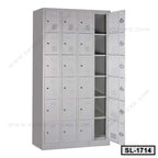 Gray steel multi-door locker cabinet with several compartments, some doors open