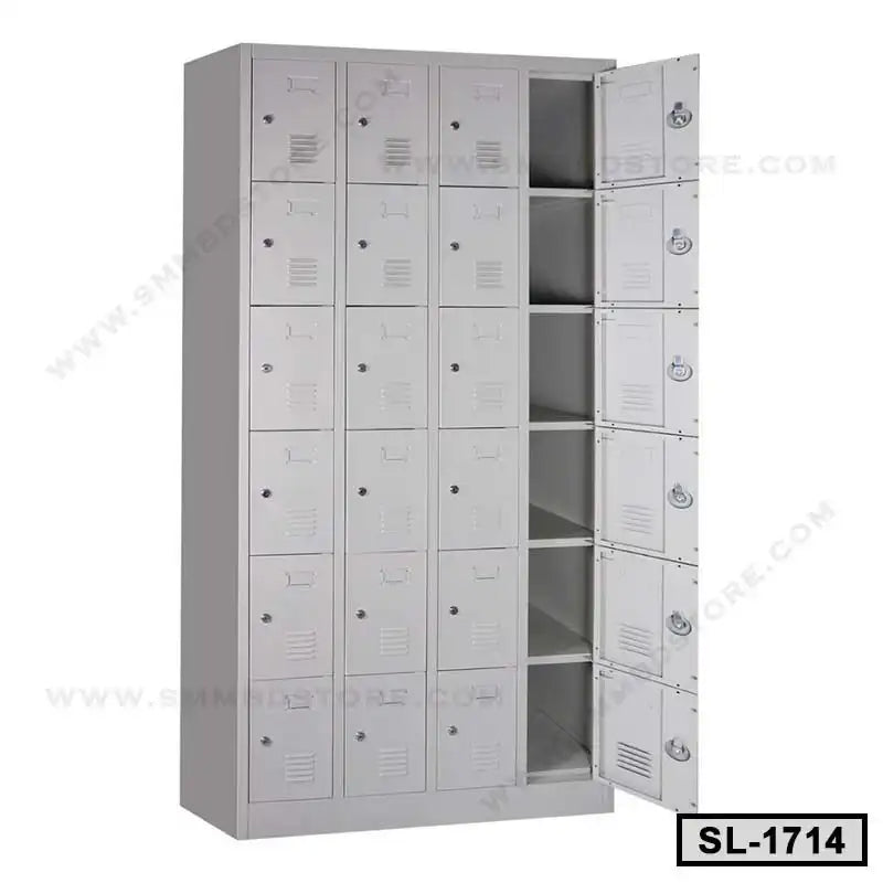 Gray steel multi-door locker cabinet with several compartments, some doors open