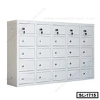 White steel locker cabinet with 25 lockable compartments for office or home storage