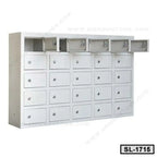 Steel locker cabinet with multiple lockable compartments, ideal for office or home storage