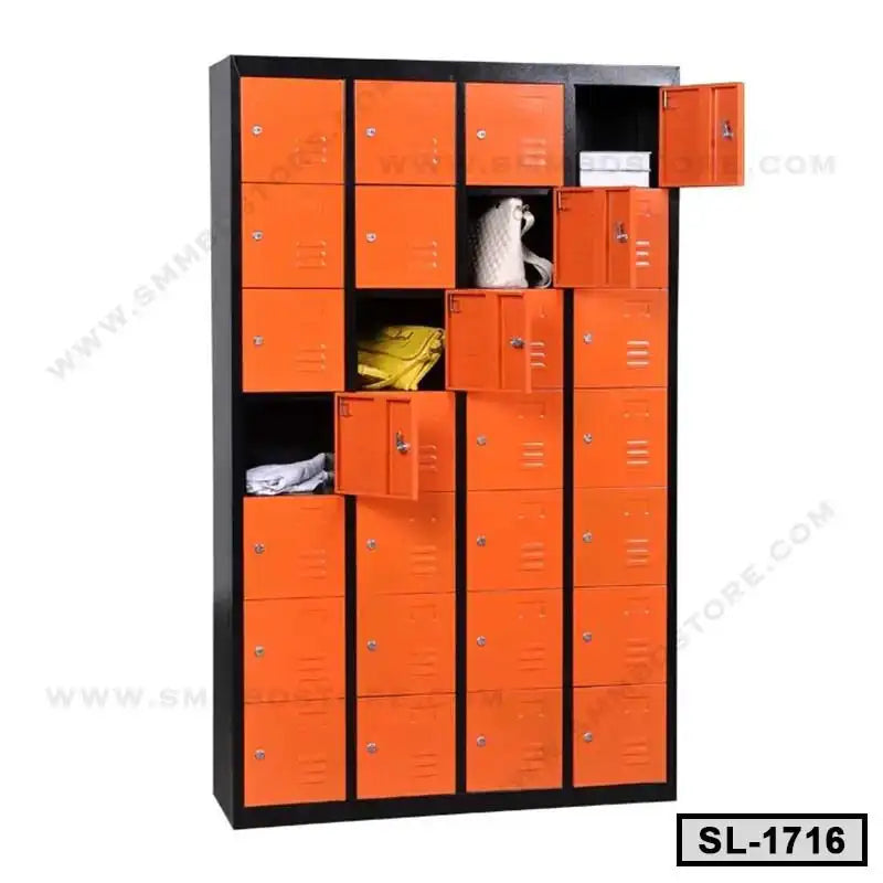 Steel office locker cabinet with orange doors and multiple compartments, some open showing storage. Main image