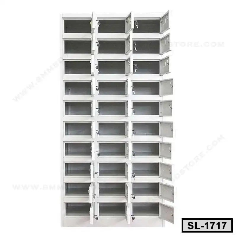 Multi-compartment steel locker with open doors, ideal for office or school storage