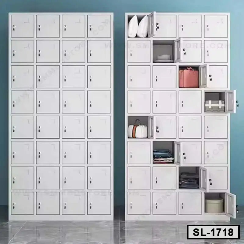 White steel locker cabinets with individual compartments for office or home storage