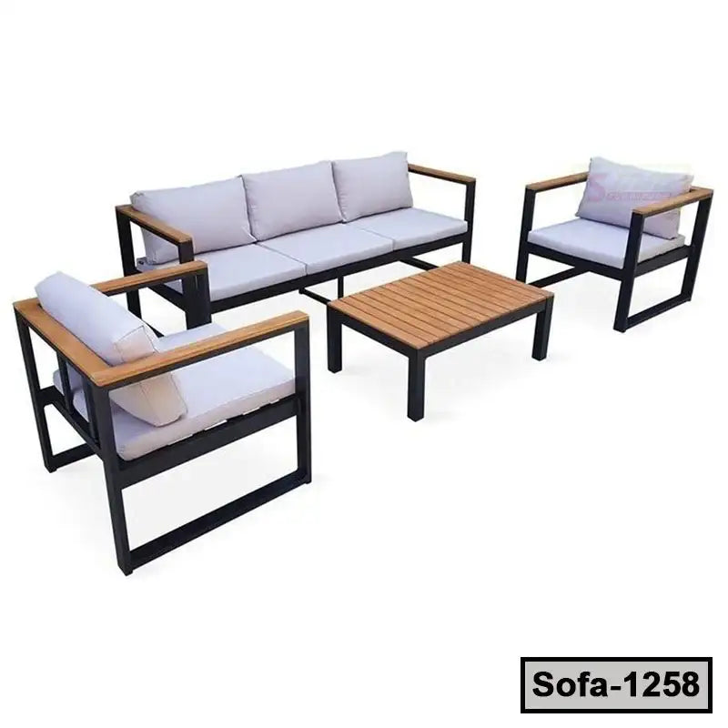 Modern steel and wood sofa set with white cushions and matching coffee table.
