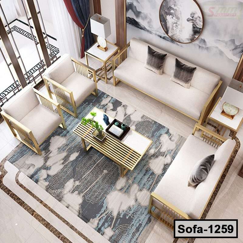 Modern steel frame sofa set with cream cushions in a bright living room, model Sofa-1259