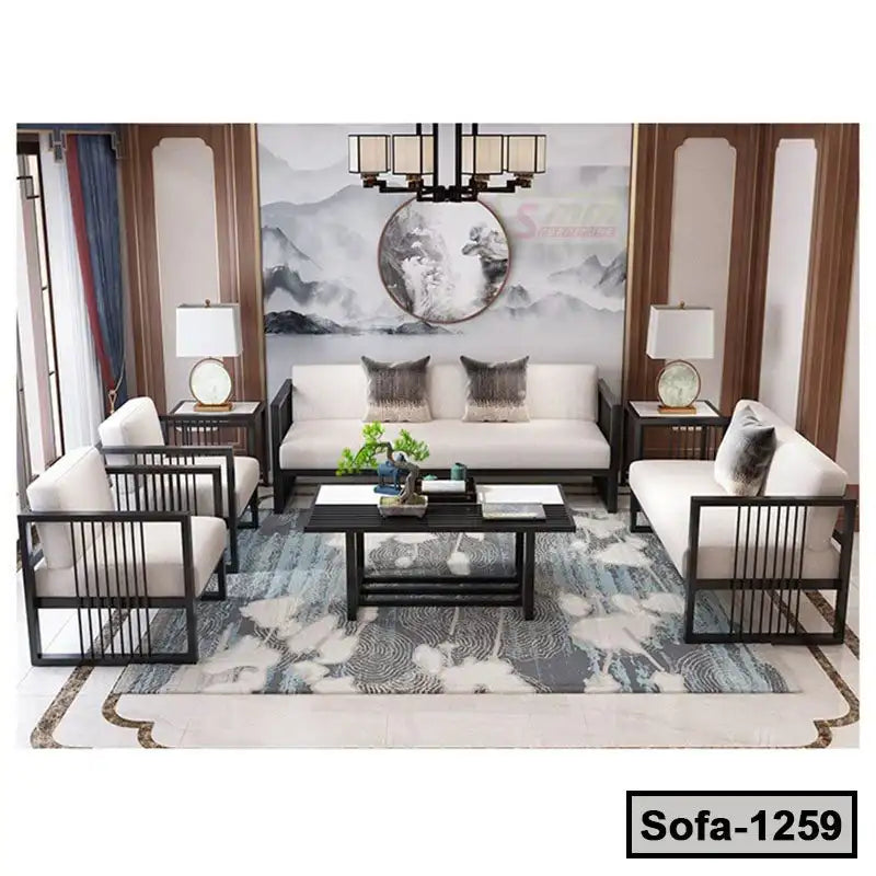Modern steel frame sofa set with white cushions in a stylish living room, coffee table, accent rug