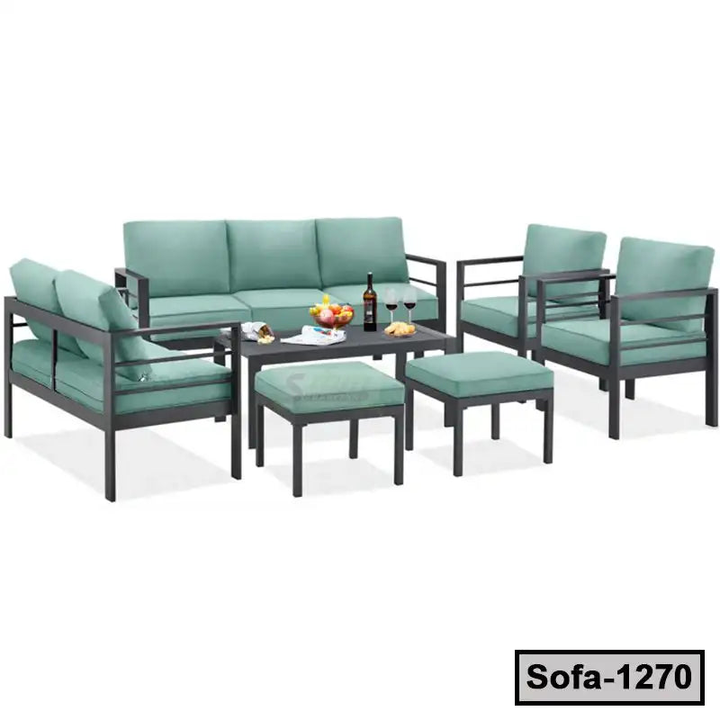 Modern steel frame sofa set with teal cushions, coffee table, and stools, ideal for living room.