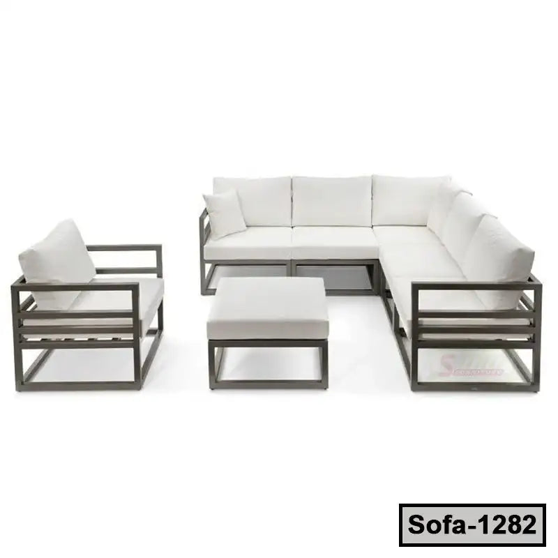 Modern steel frame sectional sofa set with white cushions, includes ottoman and armchair