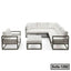 Modern steel frame sectional sofa set with white cushions, includes ottoman and armchair