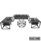 Modern steel sofa set with geometric frame, glass coffee table, and grey cushions