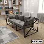Modern steel frame sofa with gray cushions in a stylish living room setting