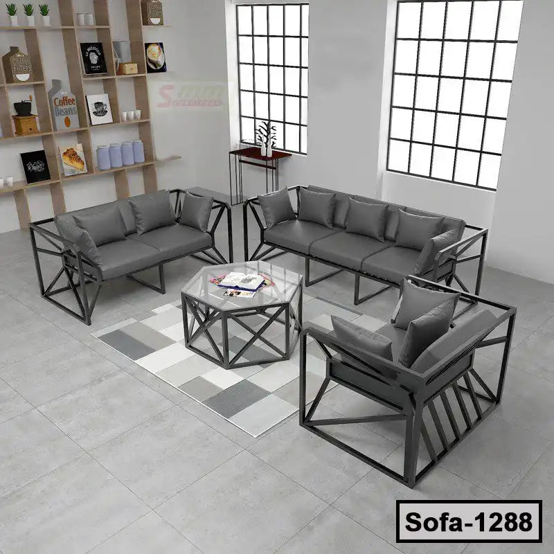 Modern steel frame sofa set with gray cushions in a minimalist living room setting