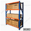 Heavy-duty metal storage rack with blue frame, orange shelves, and cardboard boxes.
