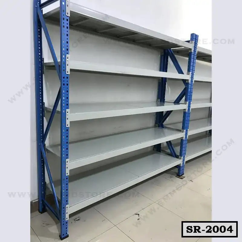 Heavy-duty metal storage rack with blue frame and five grey shelves for office or warehouse
