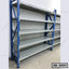 Heavy-duty metal storage rack with blue frame and five grey shelves for office or warehouse