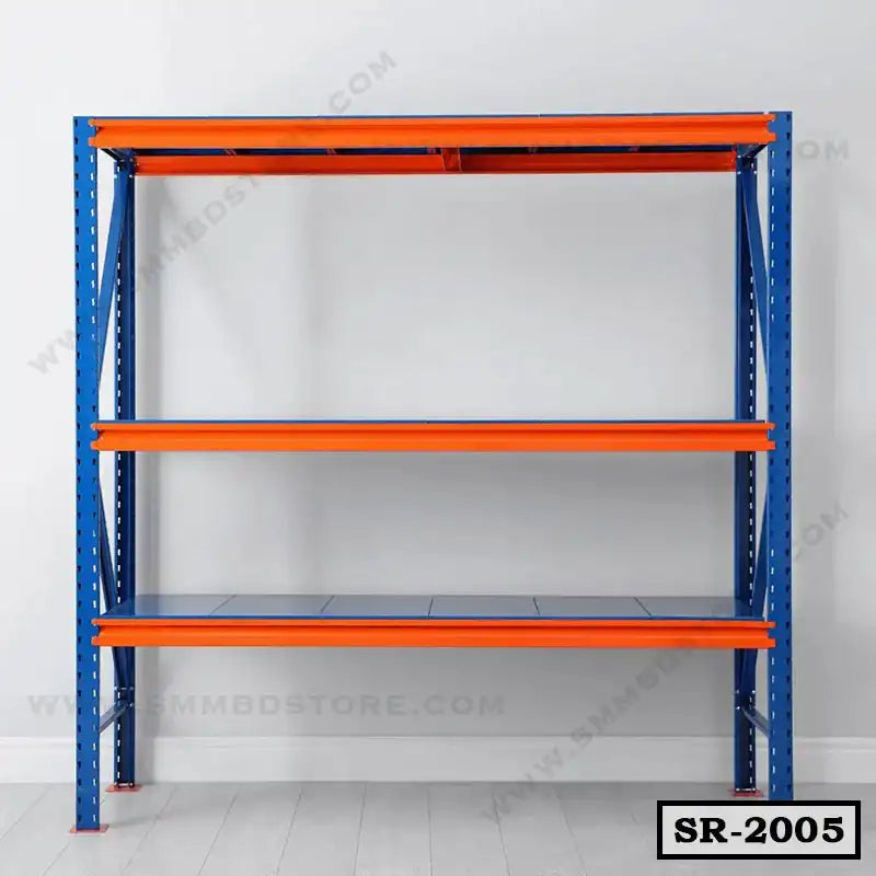 Heavy duty metal storage rack with three blue and orange shelves for home or office use