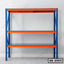 Heavy duty metal storage rack with three blue and orange shelves for home or office use