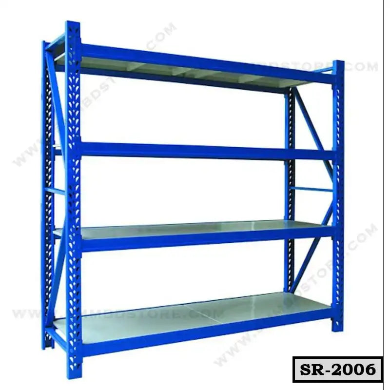 Blue metal storage rack with four shelves for office or warehouse organization