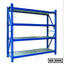Blue metal storage rack with four shelves for office or warehouse organization