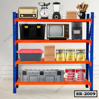 Heavy duty storage rack with tools, boxes, containers, and kitchen appliances organized on shelves