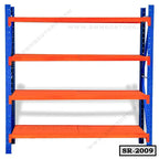 Heavy-duty metal storage rack with four orange shelves and blue frame for home or office
