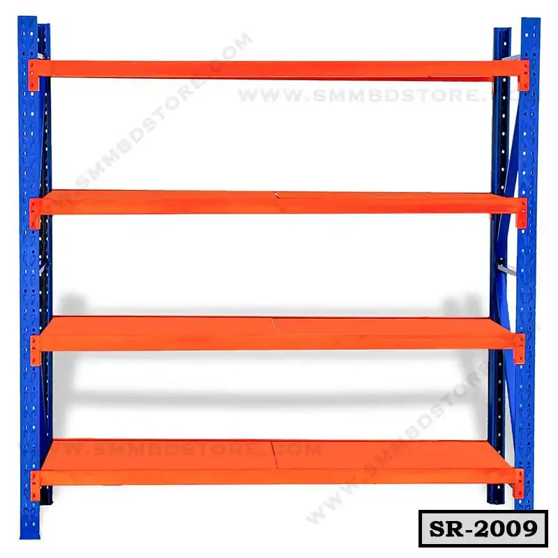 Heavy-duty metal storage rack with four orange shelves and blue frame for home or office
