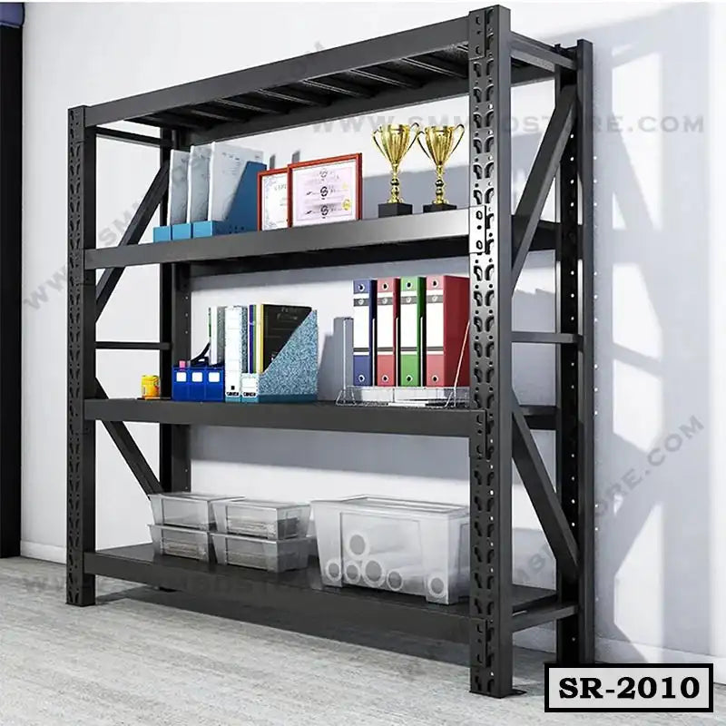 Black metal storage rack with trophies, folders, and office supplies in a modern office setting