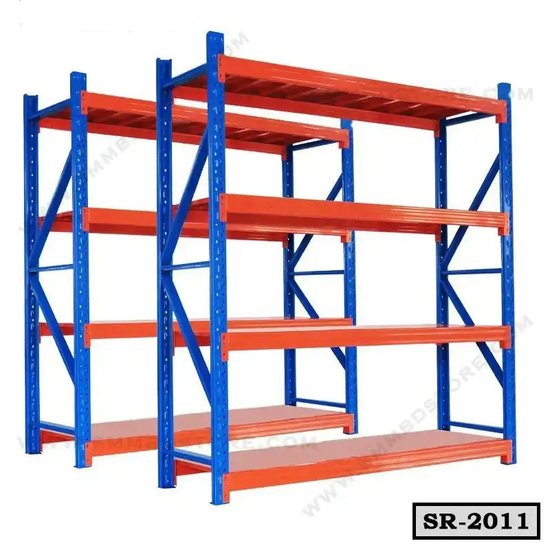 Heavy-duty blue and orange metal storage rack with four shelves for warehouse or office use
