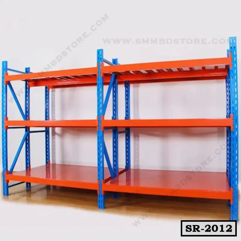 Heavy duty metal storage rack with blue frame and orange shelves for warehouse or office Main image