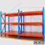 Heavy duty metal storage rack with blue frame and orange shelves for warehouse or office
