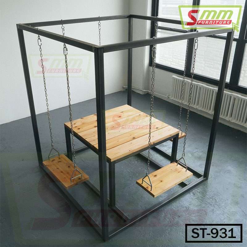 Modern swing table with wooden seats and tabletop, metal frame, indoor furniture set Main image