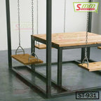 Modern swing table set with hanging wooden seats and metal frame, indoor furniture piece