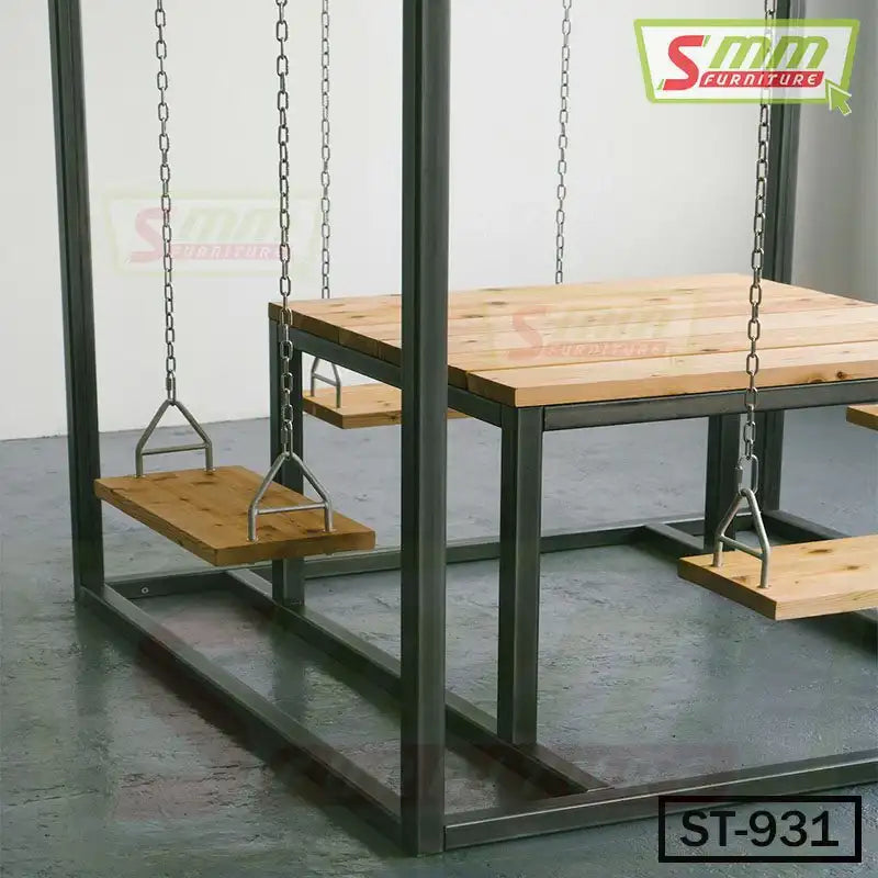 Modern swing table set with hanging wooden seats and metal frame, indoor furniture piece