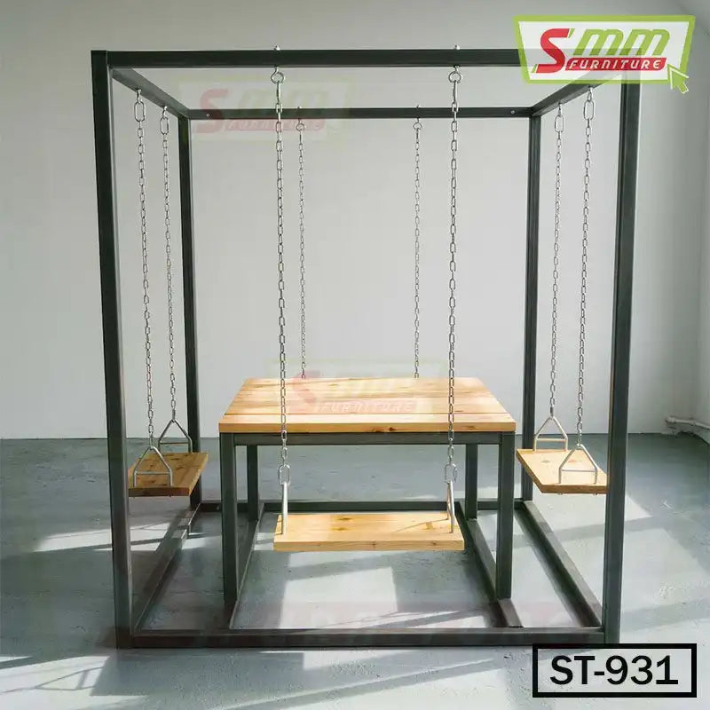 Wooden swing table set with four hanging swing seats and metal frame in a modern room