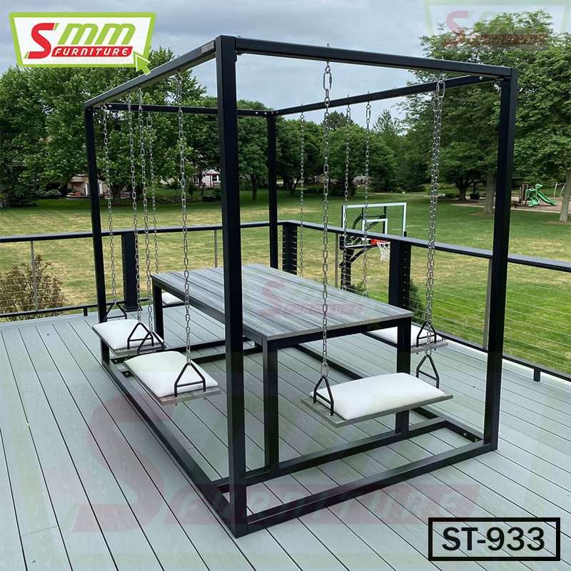 Outdoor swing table set with metal frame and hanging swing seats on a deck Main image