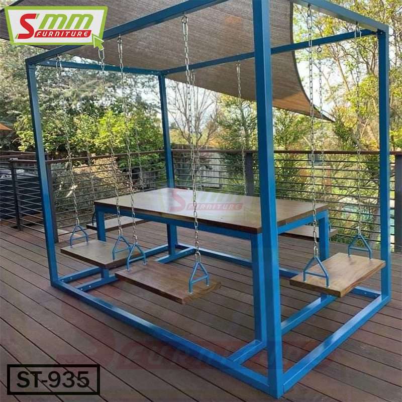 Outdoor swing table with blue metal frame and wooden seats on a deck patio Main image