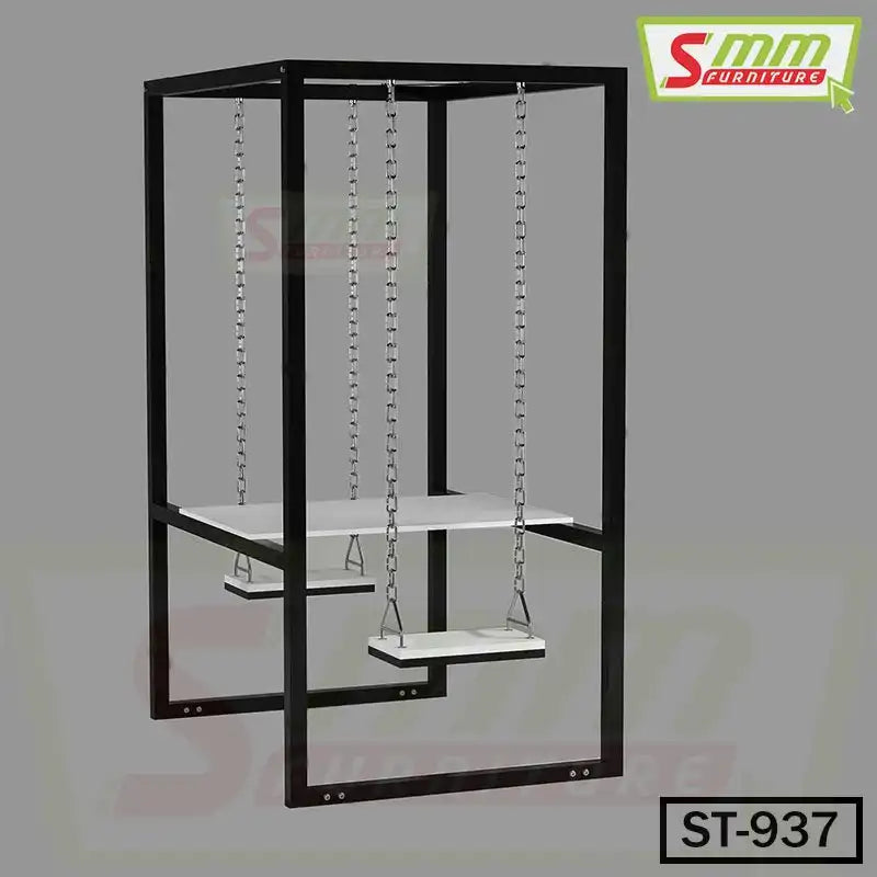Modern swing table with black metal frame, suspended seats, and white tabletop Main image