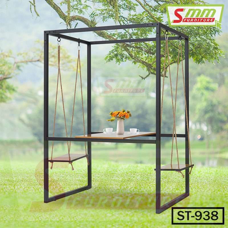 Outdoor swing table set with black metal frame, wooden seats, and flower vase centerpiece Main image