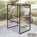 Outdoor swing table set with two wooden swing seats, black metal frame, garden background