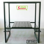 Modern metal swing table with wooden slats, black frame, and hanging chains, model ST-940.