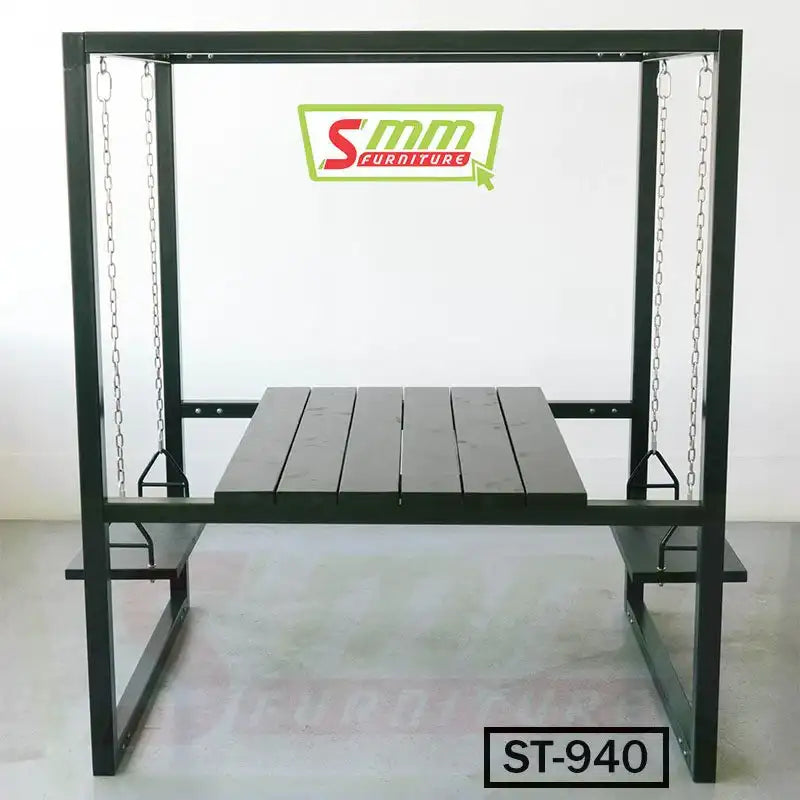 Modern metal swing table with wooden slats, black frame, and hanging chains, model ST-940.