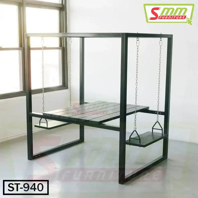 Indoor swing table set with metal frame, two swing seats, and bench near bright window