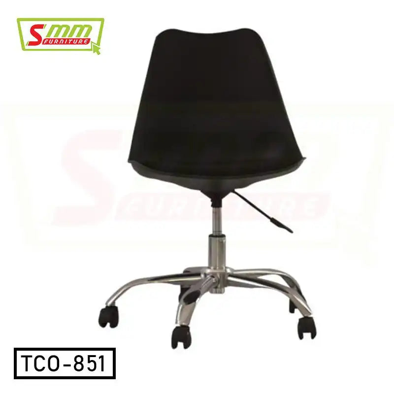 Black tulip office chair with adjustable height and chrome base on caster wheels Main image