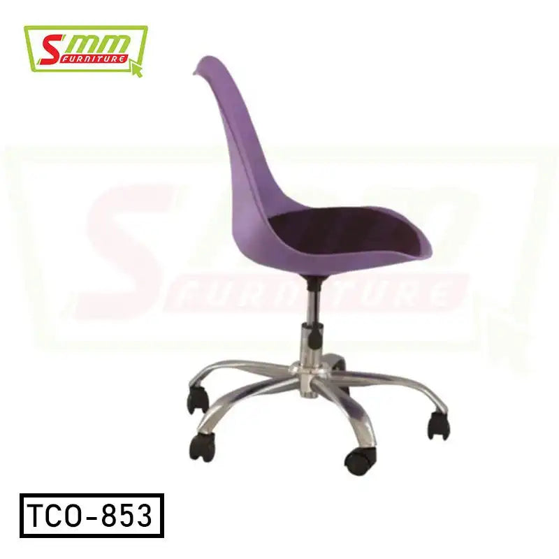 Purple ergonomic office chair with chrome base and caster wheels, modern design