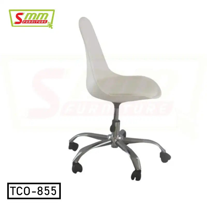 Modern white tulip office chair with swivel chrome base and caster wheels