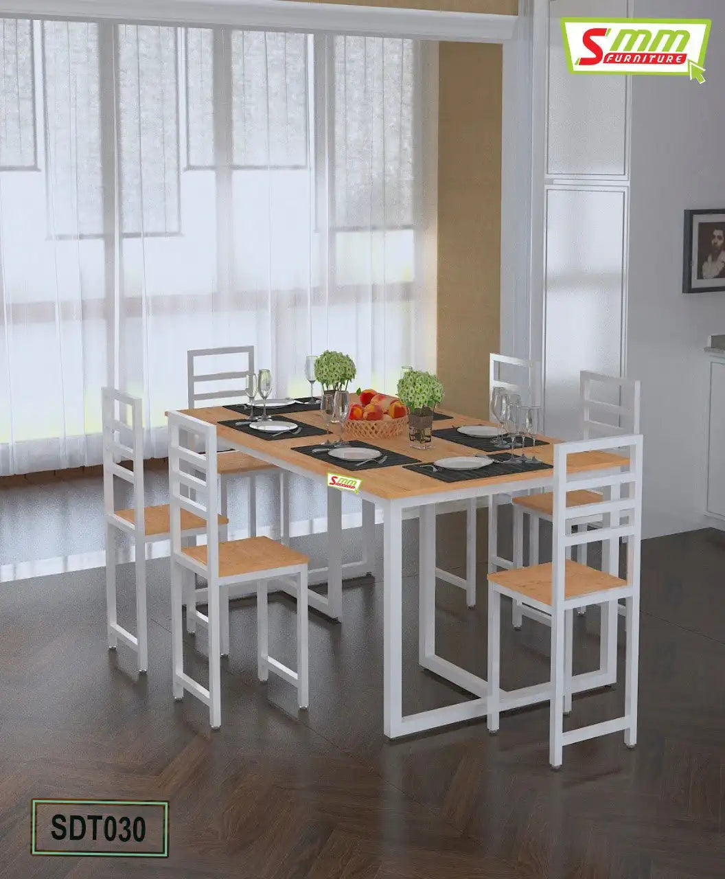 Modern dining table set with six wooden chairs, white metal frames, and tableware in a bright room. Main image